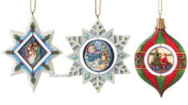 Set van 3 Jim Shore Rotating Hanging Ornaments - Snowflake, Holy Family - Santa