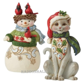 Snowman With Cardinal Nest & Cat Mini - Set van 2 Jim Shore retired *