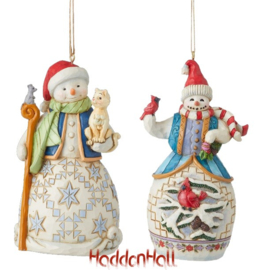Snowman with Cat & Snowman with Cardinal H9cm Set van 2 Jim Shore Hanging Ornaments retired
