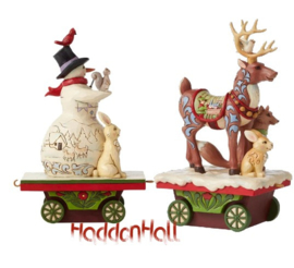 Snowman & Reindeer with Animals - Set van 2 Jim Shore Train Cars , both retired