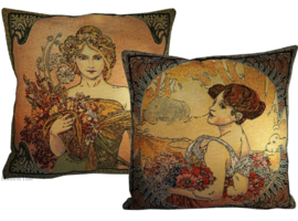 Alphonse Mucha Set van 2 Kussens 48x48cm "Lente & Zomer" Gobelin geweven