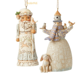 White Woodland Nutcraker & Snowman with Birdhouse - Set van 2 Jim Shore Hanging ornaments