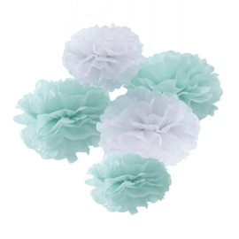 "Hello World" 5 pompoms mint groen en wit