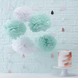 "Hello World" 5 pompoms mint groen en wit