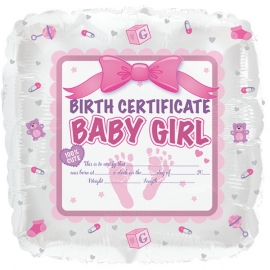 Geboorte certificaat folie ballon Baby Girl (leeg!)