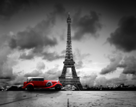 Papermoon Fotobehang Vintage Eiffeltoren Rode Auto