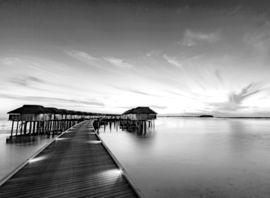 Papermoon Fotobehang Steiger Met Strandhuisjes Zwart-Wit