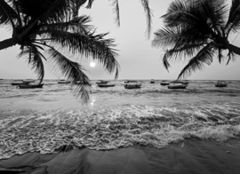 Papermoon Fotobehang Strand Met Boten Zwart-Wit