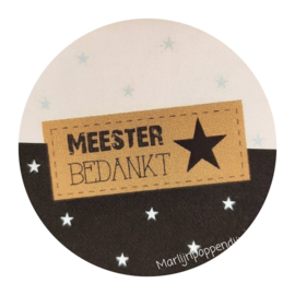 Sticker rond 4 cm met tekst meester bedankt blauwe sterretjes, per 5 stuks.