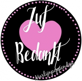 Sticker met tekst ''juf bedankt'' 6 cm doorsnee.