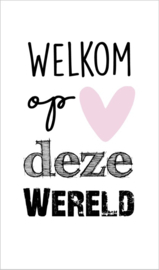 Kaartje met tekst ''Welkom op deze wereld'' 5 bij 8.5 cm.