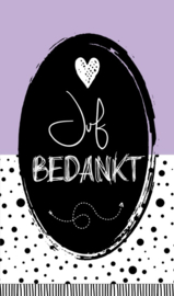 Klein bedank kaartje met tekst ''Juf bedankt'' 5 bij 8.5 cm. paars.