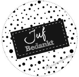 sticker met tekst ''Juf bedankt'' 6 cm zwart gestipt.