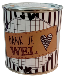 Blikje met tekst ''Dank je wel'' 7,3 bij 7,7 cm met hartjes