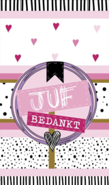 Klein bedank kaartje met tekst ''Juf bedankt'' 5 bij 8.5 cm.