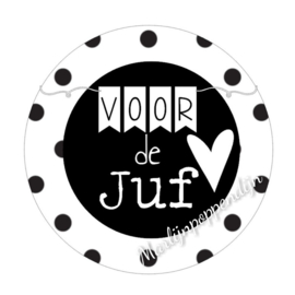 Sticker met tekst '' Voor de juf '' 6 cm doorsnee.