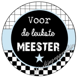 Sticker met tekst ''Voor de leukste meester'' 6 cm doorsnee.