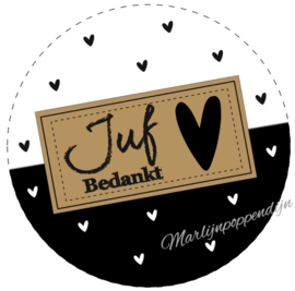 Sticker met tekst ''Juf bedankt'' met hartjes 6 cm.