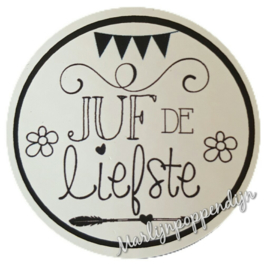 Sticker met tekst ''Juf de liefste'' 6 cm doorsnee