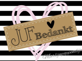 Sticker met tekst ''juf bedankt'' ongeveer 6 bij 8 cm.