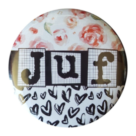 Button spiegel met tekst ''Juf'' 56mm.