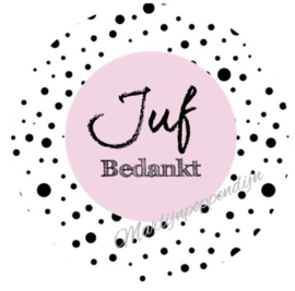 Sticker met tekst ''Juf bedankt''. 6 cm doorsnee.roze.