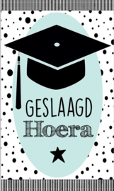 Klein bedank kaartje met tekst ''geslaagd hoera'' 5 bij 8.5 cm.