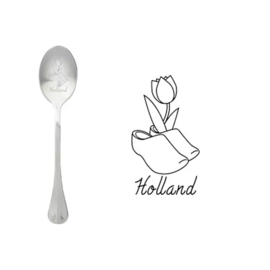 Lepel met tekst. ''Holland''.  met afbeelding klompen met tulp.