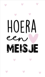 Kaartje met tekst ''Hoera een meisje'' 5 bij 8.5 cm.