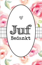 Kaartje met tekst ''Juf bedankt'' 5 bij 8.5 cm.