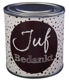 Blikje met tekst ''Juf Bedankt'' hoog 7,3 cm doorsnee 7,7 cm. met hartjes.