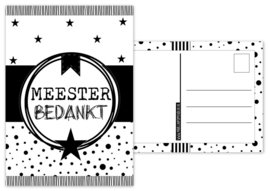 Kaart A6 met tekst ''Meester bedankt .''. 10.5 bij 14.8