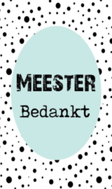 Klein bedank kaartje met tekst ''meester bedankt'' 5 bij 8.5 cm.