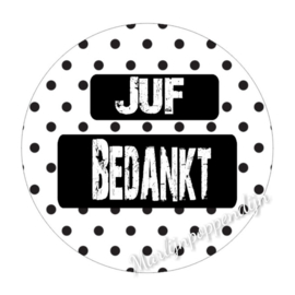 sticker met tekst "Juf bedankt'' 6cm doorsnee.