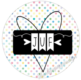 Sticker met tekst '' juf '' 6 cm doorsnee.