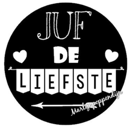 Sticker met tekst "Juf de liefste" 6 cm doorsnee.