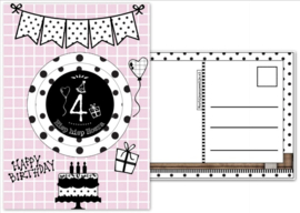 4.Verjaardagskaart roze met envelop , met button 4 jaar.