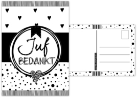 A6 Kaart met tekst'' juf bedankt'' zwart wit.