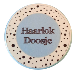 Haarlokdoosje blauw/wit 5cm doorsnee 2 cm hoog.