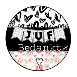 Sticker met tekst ''Juf bedankt'' 6 cm doorsnee.