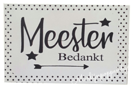 Sticker meester. maat 8 bij 5 cm.