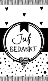 Klein bedank kaartje met tekst ''Juf bedankt'' 5 bij 8.5 cm.