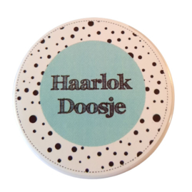 Haarlokdoosje mint/wit 5cm doorsnee 2 cm hoog.