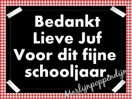 Sticker met tekst '' bedankt lieve juf voor dit fijne schooljaar''. 6 bij 8 cm