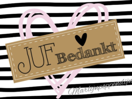 Sticker met tekst ''juf bedankt'' ongeveer 6 bij 8 cm.