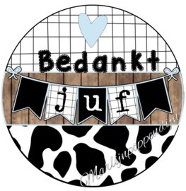 Sticker met tekst ''bedankt juf'' 6 cm doosnee.