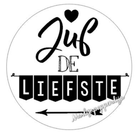 Sticker met tekst "Juf de liefste" 6 cm doorsnee.