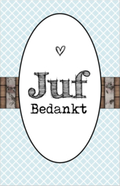 Kaartje met tekst ''Juf bedankt'' 5 bij 8.5 cm.