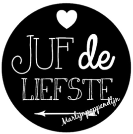 Sticker met tekst "Juf de liefste" 6 cm doorsnee.