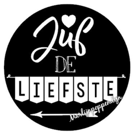 Sticker met tekst "Juf de liefste" 6 cm doorsnee.